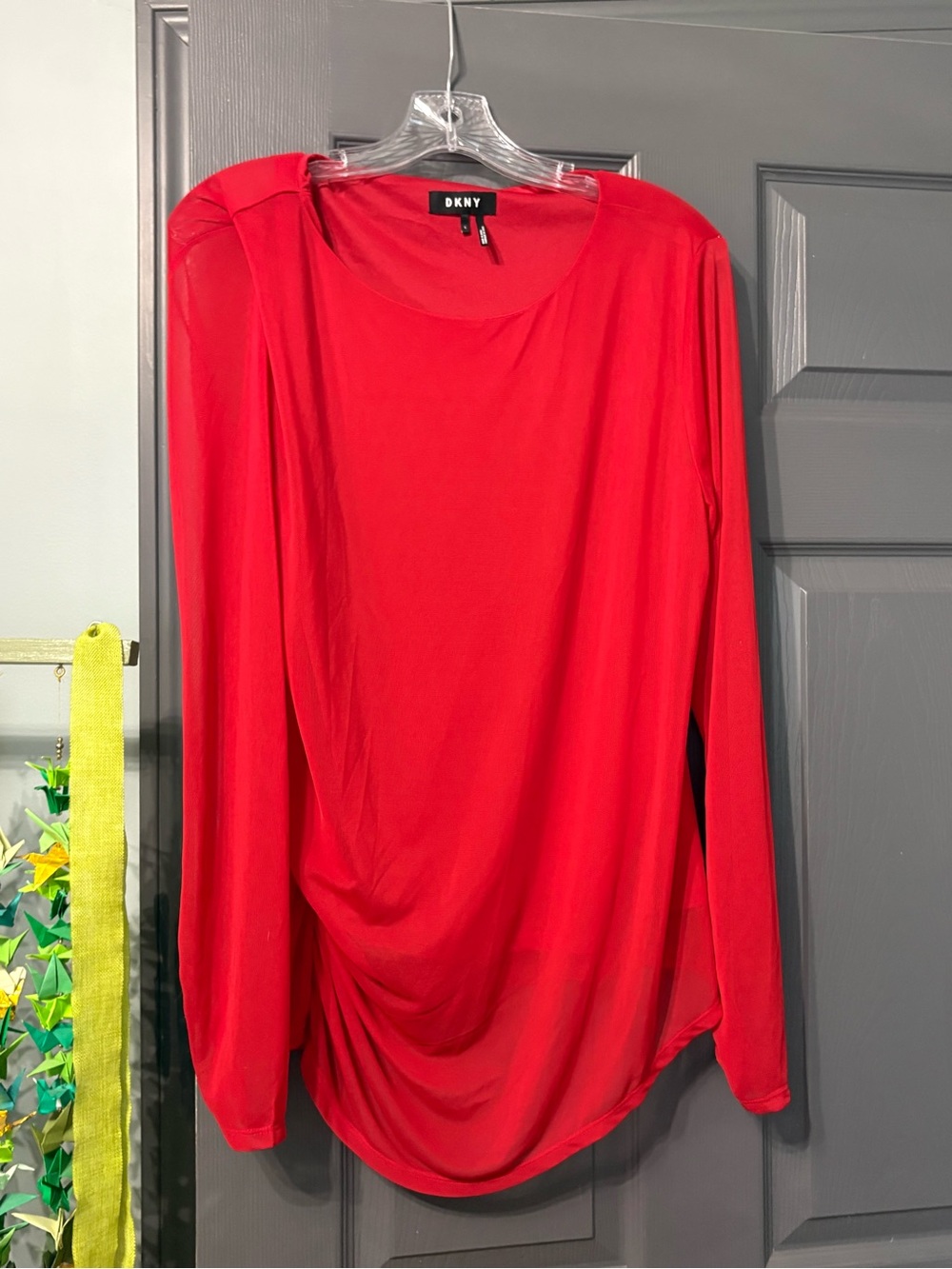 DKNY Red Long-Sleeve Draped Front Top